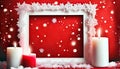 burning christmas candles with white frame and snowflakes on red background Royalty Free Stock Photo