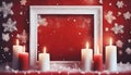 burning christmas candles with white frame and snowflakes on red background Royalty Free Stock Photo