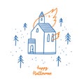 Burning church, vector Halloween outline illustration