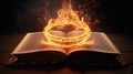 Burning circle inside opened ancient book. Mystique portail. Entrance to imaginary world. AI generative