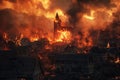 A burning city with flames and smoke filling the streets Royalty Free Stock Photo