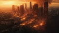 Burning Cityscape at Sunset: Urban Destruction and Inferno Royalty Free Stock Photo
