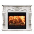 Burning classic fireplace of white marble. Isolated on white Royalty Free Stock Photo