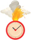 Burning clock shows remaining time, deadline at work. Watch with arrows on fire with smoke Royalty Free Stock Photo