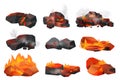 Burning coal piles set, charcoal black pieces burn with glowing fire, hot embers and ash Royalty Free Stock Photo