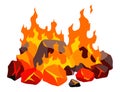 Burning coal. Realistic bright flame fire on coals heap. Closeup vector illustration for grill blaze fireplace, hot Royalty Free Stock Photo