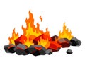 Burning coal. Realistic bright flame fire on coals heap. Closeup vector illustration for grill blaze fireplace, hot Royalty Free Stock Photo
