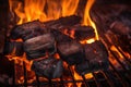 Burning coals and embers in a barbecue, close up, Barbecue Grill Pit With Glowing And Flaming Hot Charcoal Briquettes, Close Up, Royalty Free Stock Photo