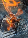 Burning coals, wood and ashes in the hot oven Royalty Free Stock Photo