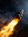Burning comet flying in space with long fire tail