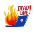 Burning computer, deadline. Cartoon sticker work on fire mode. The problem, hard work, close deadline. Royalty Free Stock Photo