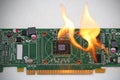 Burning graphics card GPU on white background