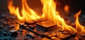 Burning computer processor on motherboard. Fire flames engulf CPU chip. Electronic circuit board on fire. Damaged computer Royalty Free Stock Photo