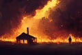 a burning cottage illustration with a lot of fire around, ai generated image Royalty Free Stock Photo