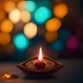 Burning decorative candle on colorful smudged background of sides. Diwali, the dipawali Indian festival of light