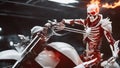 A burning demon skeleton knight who has been enhanced and modified by a rogue scientist on motorcycle