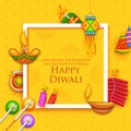 Burning diya and firecracker on Happy Diwali Holiday background for light festival of India