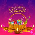 Burning diya and firecracker on Happy Diwali Holiday background for light festival of India Royalty Free Stock Photo