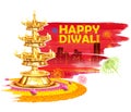 Burning diya on Happy Diwali Holiday watercolor background for light festival of India Royalty Free Stock Photo