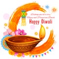 Burning diya on Happy Diwali Holiday watercolor background for light festival of India Royalty Free Stock Photo