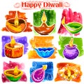 Burning diya on Happy Diwali Holiday watercolor banner background for light festival of India Royalty Free Stock Photo