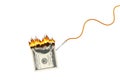 Burning dollar banknote on glossy silver metal fishing hook on a rope on white