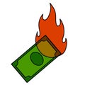 Burning dollar. Green money on fire. Failed business and economic crisis. Royalty Free Stock Photo