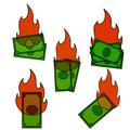 Burning dollar. Green money on fire. Failed business and economic crisis. Royalty Free Stock Photo