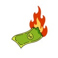 Burning dollar. Green money on fire. Failed business and economic crisis Royalty Free Stock Photo