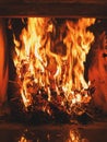 Burning dried oak leaves in the fireplace