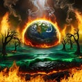 Earth Burning, burning earth in fire, Globe burning, Climate change and Global warming Concept Royalty Free Stock Photo