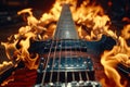 Burning electric guitar with fiery flames, music instrument engulfed in fire on dark background Royalty Free Stock Photo