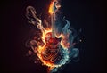 Burning electric guitar on fire, black background. Generative AI