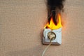 Burning electrical wiring and electrical outlet. Faulty wiring causes fires. Poor old wiring causes a fire in the electrical