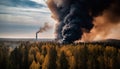 Burning factory causes environmental damage, air pollution and destruction generated by AI