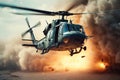 Burning falling helicopter. War concept created by generative AI