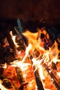 Burning fire bright flame thin firewood on a background of red-hot coals the basis of the topic of camping cooking on the nature. Royalty Free Stock Photo