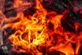 Burning fire close up. Bright orange and red flames on a dark background. Open flame heating. Problems with heating and gas