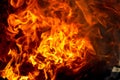 Burning fire close up. Bright orange and red flames on a dark background. Open flame heating. Problems with heating and gas Royalty Free Stock Photo