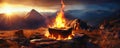 Burning fire on earthen altar of evening sacrifice