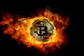 The burning fire engulfs the Bitcoin coin, a golden cryptocurrency