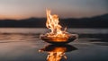 burning fire in the fireplace A paradoxical scene of fire and water, with a contrast of heat and cold and a reflection of light