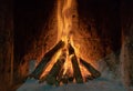 Burning Fire In The Fireplace. Wood And Embers In The Fireplace Detailed fire background. A fire burns in a fireplace.