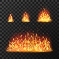 Burning fire flames or hot flaming blaze fireball. Blazing fires isolated vector set Royalty Free Stock Photo