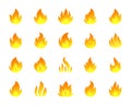 Burning fire icons set, flame bonfire sign, fiery hell, glow sign