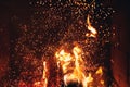 Burning fire logs with sparks in the fireplace Royalty Free Stock Photo