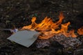 Burning in the fire of a torn notebook. The cover and the multi-colored sheets burn into gray ash Royalty Free Stock Photo