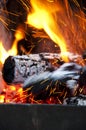 Burning fire wood with flame sparks close view abstract background