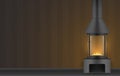 Burning fireplace black metallic pipe transparent glass door cozy home interior realistic vector