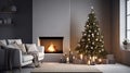 Burning fireplace with Christmas tree in living room interior, winter holidays background illustration. New Year at home